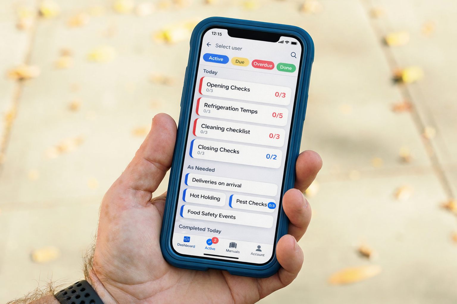 FCP.nz app shown on a phone for on-shift food safety task tracking